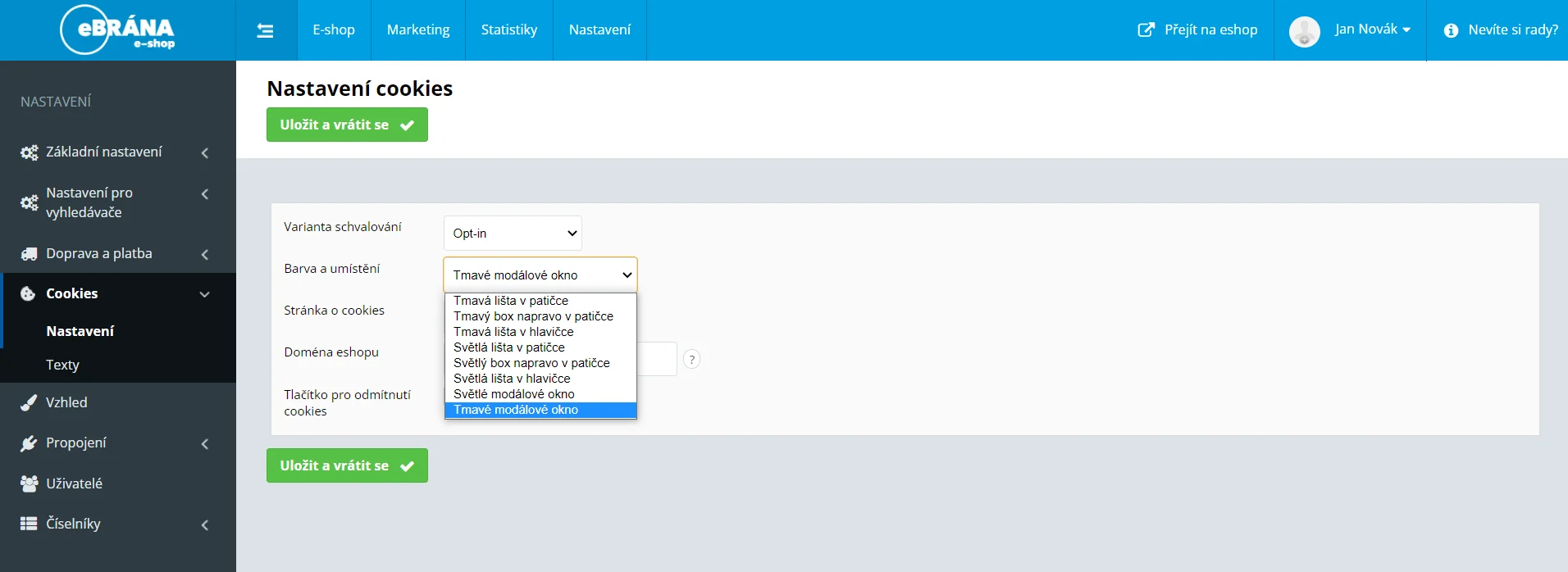 nastaveni cookies ebrana e-shop
