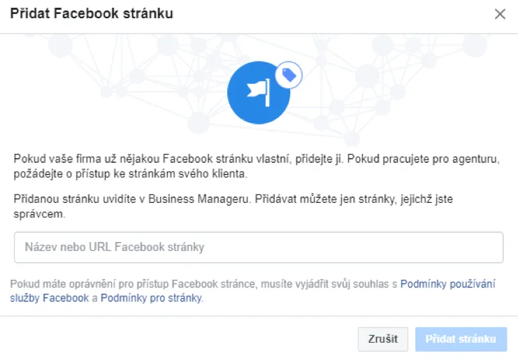 Přidání stránky na Business Manager účtu