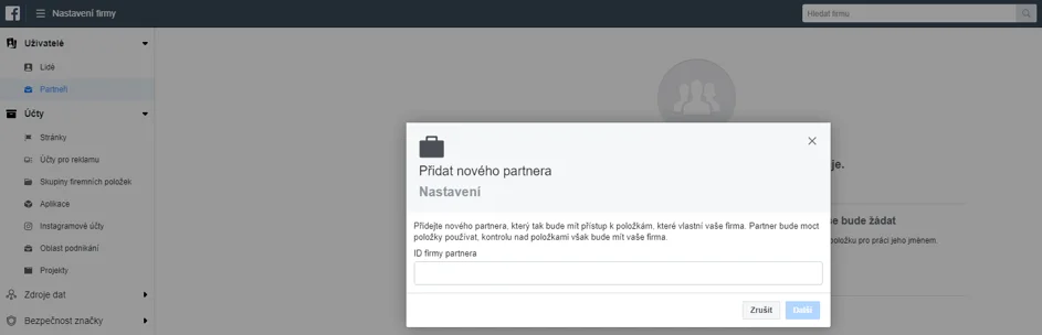 Přidání nového partnera u Business Managera účtu
