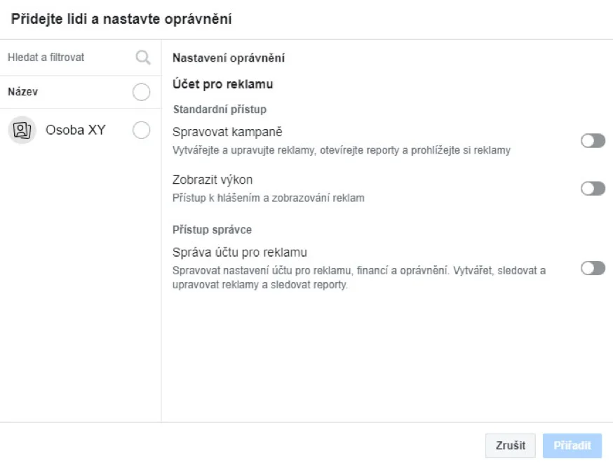 Nastavení oprávnění Business Managera